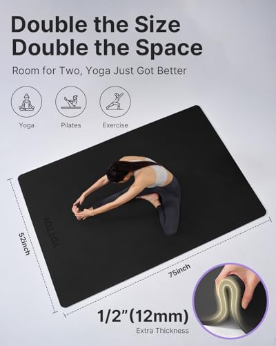 YOTTOY Large Yoga Mat (75 * 52 * 1/2inch),Extra Wide TPE Exercise Mat,Non-Slip Workout Mat for Pilates, Fitness, Barefoot, Home Gym Studio with Strap and Towel - color: Black, size: 75*52*1/2inch