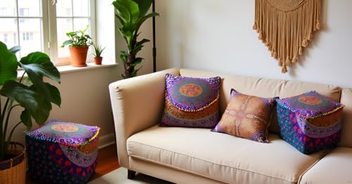 CRAFT KALA Mandala Meditation Floor Pillows Square Pillow Cover Seating Decorative Adults Bohemian Floor Cushion Cover Outdoor Living Room Throw Ottoman Poufs Cover 22X22X14 inches, Multi Six Color - color: Multi Six Color, size: 22x22x14 inches