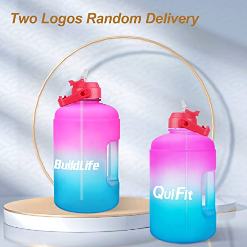QuiFit 1 Gallon Water Bottle - with Straw & Motivational Time Marker Leak-Proof BPA Free Reusable Gym Sports Outdoor Large(128OZ/73OZ) Capacity Water Jug - color: QFA8 Pink/Blue Gradient, size: 128 Ounces