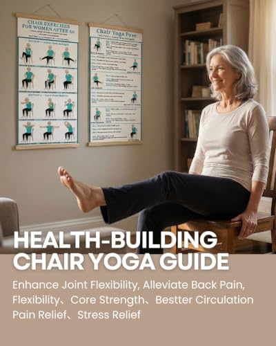 2PC-Chair Yoga & Seated Exercise Poster for Seniors & Beginners ,Extra Large Font Fabric Wall Chart with Hanging Rod & String , Durable Foldable Guide for Home/Office (Lower Body Strength & Upper Body Mobility) (off-white)