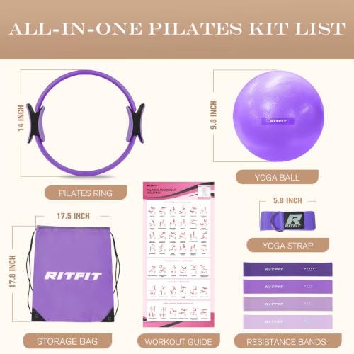 RitFit Pilates Ring 14 Inch Magic Fitness Circle for Inner Thigh Toning | Bonus Workout Guide & Storage Bag Included, Lightweight & Portable, Pilates Yoga Full Body Toning - style: Purple Kit