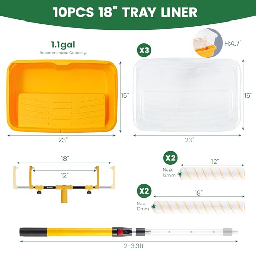 Voomey 18" Paint Roller Kit,10Pc Paint Roller Tray with Liner,12" 18" Microfiber Paint Roller,Paint Extension Pole,Suitable for DIY Interior Walls, Rooms - size: 18" Paint Roller Kit & Extension Pole