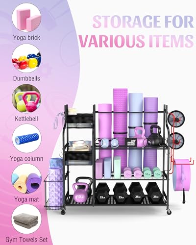 Mythinglogic Home Gym Storage Rack with Wheels for Dumbbells and Yoga Mats - color: Black