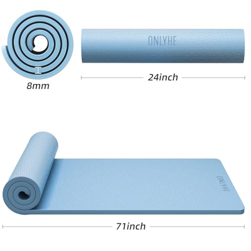 Yoga Mat Thick(8mm)Exercise Mat Non Slip Anti-tear,Pilates Mat for Men and Women,Workout Mats for Home,Barefoot Workouts and Floor Exercise,with Carrier Strap(71"x 24") - color: Wathet blue