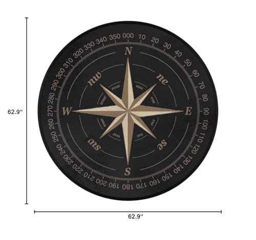 Compass Rose Round Area Rug 5Ft Artwork Black Circle Carpet Floor Mat - color: Compass, size: 5 ft