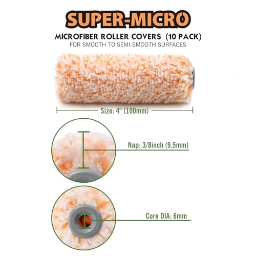 ROLLINGDOG 4 inch Small Paint Roller Sleeves | Microfiber Roller Covers for Painting on Smooth to Semi Smooth Surfaces (Pack of 10)Diy Homeowners Professional Painters - color: 10pc 4" Microfiber Roller Cover