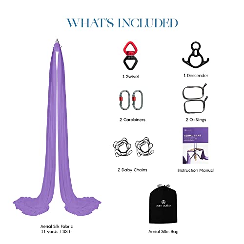 Aerial Silks Yoga Hammock Kit, 11 Yards, Hardware and Swivel | Knitted fabric with swivel and guide, portable carry bag included, for aerial yoga, gymnastics and home gym practice - color: Lavender
