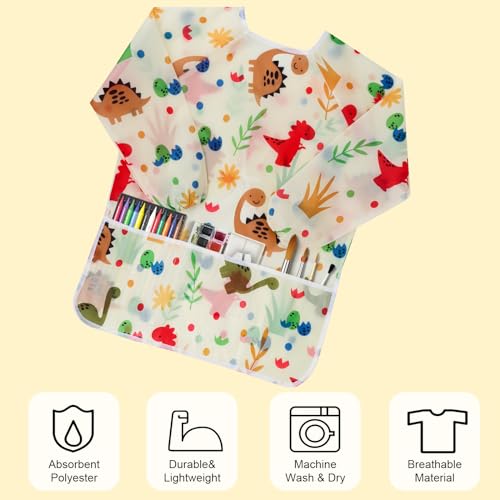 Kids Art Smocks Dinosaur Painting Aprons for Children Waterproof Artist Smock with Long Sleeve and 3 Pockets for Age 3-8 Years (Off white) - color: Off-white