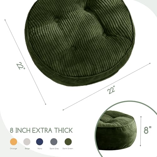 HIGOGOGO 8" Extra Thick Floor Pillow Cushion for Adults, Meditation Cushion Pillow, Large Round Floor Sitting, Tufted Corduroy Cover, for Tatami Living Room or Yoga, 22x22 Inch, 2Pack, Dark Green - color: Round Dark Green, size: 8" Thick(Pack of 2)