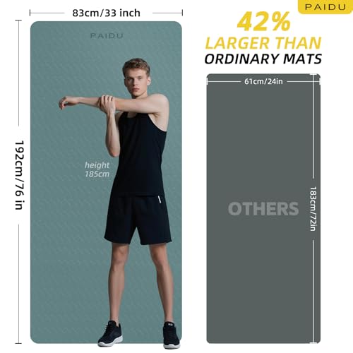 PAIDU Extra Long Wide Yoga Mat, (10mm) Thick Non-Slip Exercise Mat 76"x33" | large mat, ideal for yoga, Pilates & home gym, with non-slip grip & cushioning for all exercises. - color: Dark green + Black