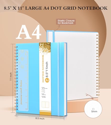 UEBZFOCS Dotted Notebook, Spiral Notebook Journal 8.5” x 11”, A4 Large Dot Grid Notebooks for Women Men, 100 GSM Dotted Paper, Plastic Hardcover Spiral Bullet Journals for Work School Sketching, Blue - color: Blue, size: Dotted