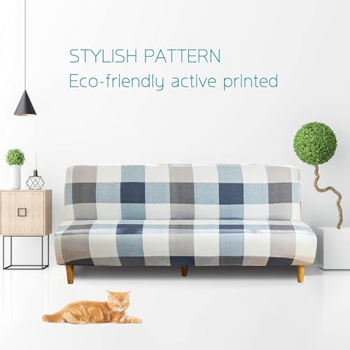 MIFXIN Armless Sofa Cover Futon Slipcover Stretch Elastic Soft Folding Sofa Bed Non-Armrest Couch Furniture Protector Spandex Printed Washable Sofa Cover Without Armrests (Blue Checkered) - color: Blue Checkered