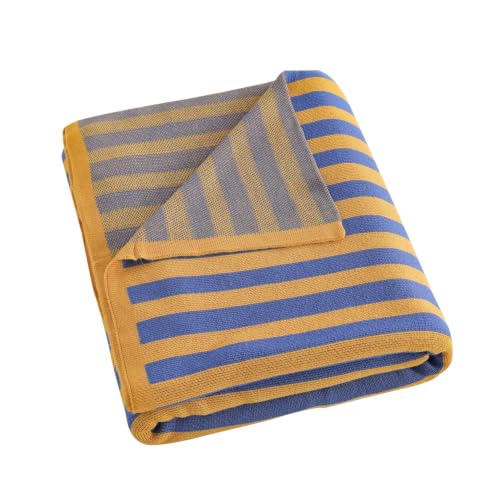 BOV Cooling Knit Throw Blanket 50x60, 100% Viscose, Blue Yellow Stripe - color: Mustard & Navy
