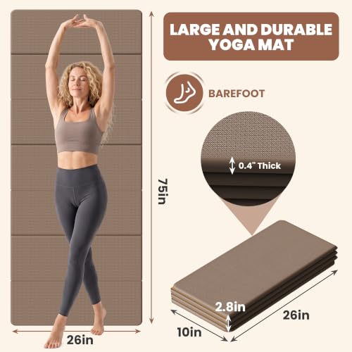 Stepwaver Foldable Fitness Yoga Mat, 0.4” (10 mm) Extra Thick -75” x 26” - color: Brown