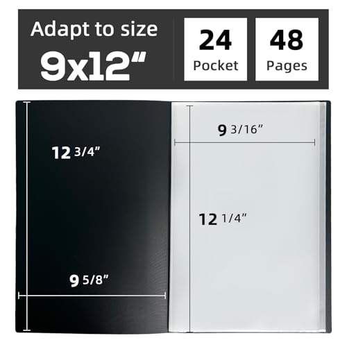 9x12 Black Art Portfolio Folder Displaying 48 Pages with Plastic Sleeves | 24-Pocket Presentation Book Binder For Artwork Storage Featuring Dark Inner Paper Inserts Protective Document Archival Holder - color: Black, size: 9*12