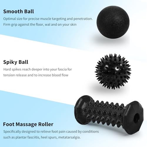 Foot Massager Roller Set for Plantar Fasciitis, Arch and Heel Pain Relief | Includes Foot Roller, lacrosse and spiky massage balls for deep tissue trigger point muscle therapy and neuropathy relief - color: Black Combination