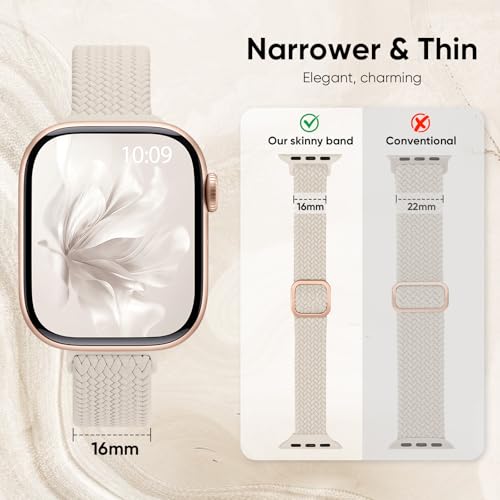 Slim Braided Stretchy Band Compatible with Apple Watch Bands Women | 40mm 41mm 42mm 38mm 44mm 45mm 46mm 49mm Thin Elastic Nylon Solo Loop Strap ,Wristband for iWatch Series 11 10 9 8 7 6 5 4 SE - color: Starlight, size: 38/40/41/42mm