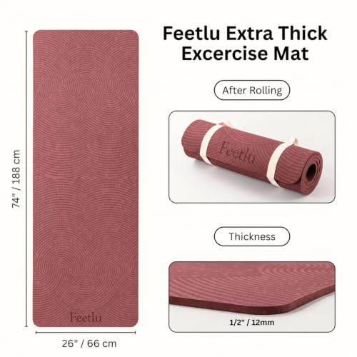 Extra Thick 12mm Exercise Mat – 74"L x 26"W Inch, Non-Slip, Joint-Friendly & Cushioned Fitness Mat for Yoga, Pilates & Floor Workouts – Durable, Supportive & Includes Feetlu Classic Strap - color: DK Pink