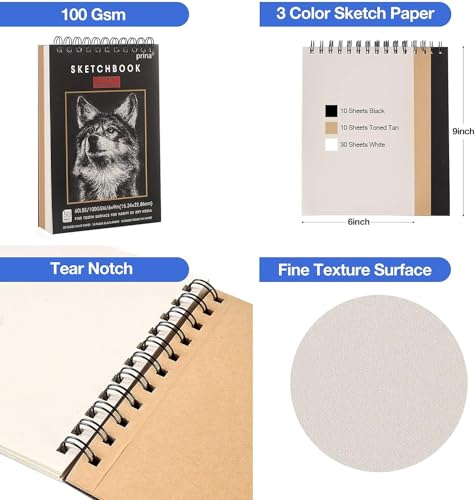 Prina Sketchbook Drawing Art Paper, Top Spiral Bound Sketch Pad, 50 Sheets 68lb/100gsm Acid-Free Drawing Paper, Art Sketchbook for Drawing Pad for Artists & Beginners and Adults, 6" x 9"