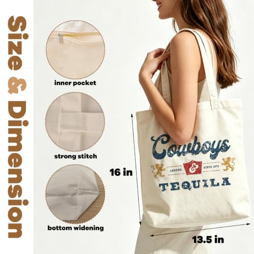 VICBOU Western Cow Skull Canvas Tote Bag for Women Girls, Cowgirl Shoulder Bag with Pocket for Beach Shopping Work - color: Cowboys