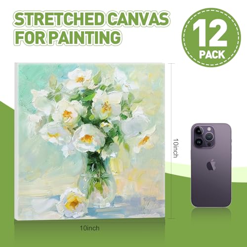FUMILE Stretched Canvas for Painting 10x10, 12 Pack Square Canvases for Painting-5/8 in Profile Primed White Blank Painting Canvas Value Pack for Oil & Acrylic Paint - size: 10x10 in