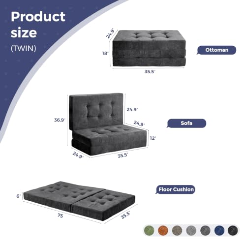 MAXYOYO 6" Folding Sofa Bed for Floor, Tufted Tri-Fold Floor Mattress | Twin Size Portable Sofa Couch Guest Mat with Chenille Fabric for Adults, Foldable Topper for Camping, Dark Grey, Twin - color: Dark Grey, size: Twin