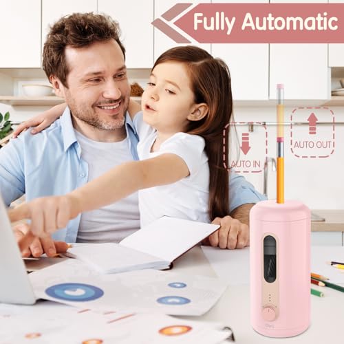deli Electric Pencil Sharpener, Fully Automatic Pencil Sharpener, Pink | Suitable for 6.9-10.8mm Colored/Jumbo Pencils, Auto in & Out, Rechargeable Hands-Free Sharpener for Classroom Home Office, - color: Pink