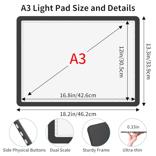 Rechargeable A3 Light Board for Diamond Painting, 5600 Lux Tracing Light Box with Side Physical Buttons, 3 Colors and 6 Levels of Brightness, LED Light Pad for Diamond Art, Drawing, Weeding Vinyl - size: A3 without Bag