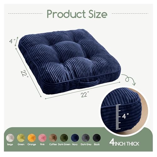 HIGOGOGO Floor Pillow Cushion for Adults, Meditation Cushion Pillow, Large Square Floor Sitting, Tufted Corduroy Cover, for Tatami Living Room or Yoga, 22x22 Inch, 2Pack, Navy - color: Square Navy, size: 4" Thick(Pack of 2)