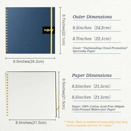CuppaClip Watercolor Paper 9"x8.5" 300GSM 140LB Spiral Bound Cotton Water Color Pad Cold Press Inner Pocket Art Supplies (Blue) - color: Blue