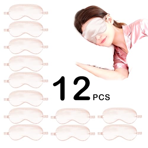 12PACK Silky Sleep Masks Satin Eye Mask Silk Eyes Cover for Sleeping Blackout Eyeshades Soft Blindfold Travel Nap Gifts - color: Pale Blush