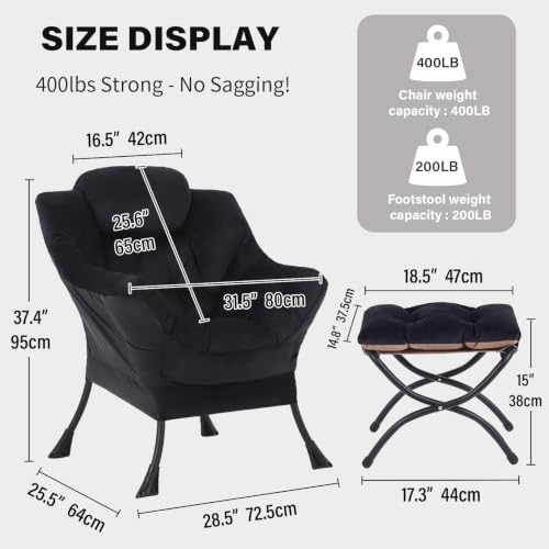 Tiita Lazy Chair with Ottoman, Comfy Reading Accent Chair, Velvet Black | Foldable Footrest, Padded Seat and Backrest, Side Pocket for Lounging in Living Rooms, Bedrooms, Dorms and Small Spaces - color: Black