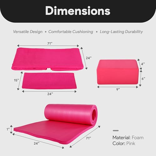 BalanceFrom 7-Piece Yoga Set with 71x24x1 Inches Extra Thick Mat and Carrying Sling – Includes 2 Blocks, Stretch Strap, 2 Towels, and Knee Pad for Home, Studio, and Gym Workouts - color: Pink