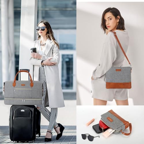 ITIEZY Weekender Bag for Women 21.5" Travel Duffel Large Carry On Bag 3PCS | Nylon Duffel Bag with Waterproof Shoe Compartment, Crossbody Bag and Toiletry Bag, Travel Weekend Hospital Overnight Gym Bag - color: 1-Grey