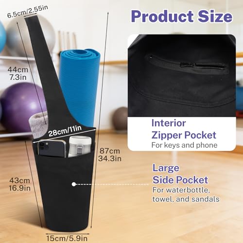 Yoga Mat Bag for Women, Long Tote Yoga Mat Carrier Holder Bag with Large Size Pocket & Zipper Pocket, Large Storage Pockets Fits Yoga & Most Size Pilates Mats for Workout Stuff, Black