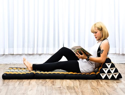Leewadee 3-Fold Mat with Triangle Cushion – Comfortable TV Pillow, Foldable Mattress with Cushion Made of Eco-Friendly Kapok, 67 x 21 inches, Black Orange | Floor & lounge cushion for relaxing, reading & TV - for meditation & yoga, firm & stable - color: