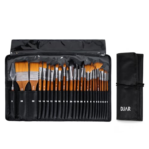 DJAR 25 Pcs Multi-Shape Nylon Paint Brush Set with Cloth Roll Bag | Professional Art Supplies for Acrylic, Oil, Watercolor & Gouache Painting, Craft Brush Kit for Beginners, Students and Adults