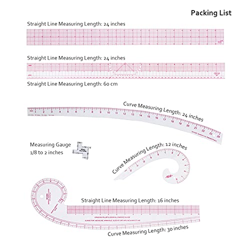 Imperial Sewing Ruler & French Curves for Pattern Making Drafting, Clear Plastic Fashion Designer Ruler Kit in Inches (6-Piece Set) - color: B-6-piece Set