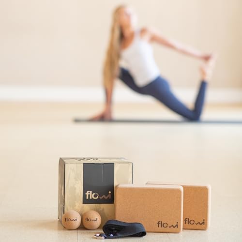 Natural Cork Yoga Blocks 2 Pack with Strap & Massage Balls - Premium Yoga Accessories for Women & Men