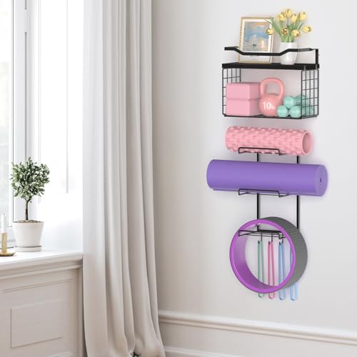 Yoga Mat Holder Black, Wall Mount Yoga Mat Storage Rack, Yoga Accessory Organizer With Wood Floating Shelves, 4 Hooks Hanging Yoga Strap & Resistance Bands, Home Gym Equipment Storage Decor - color: Full Black