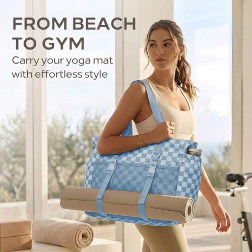 Omanmoli Beach Bag for Women Large Waterproof Sandproof Tote 40oz Holder | Anti-theft Lock & Chain,12 Pockets,2 Insulated Foil Pockets,Checkered,Cruise Travel Vacation Picnic Pool Work Gym,Checkered - color: Beige&blue