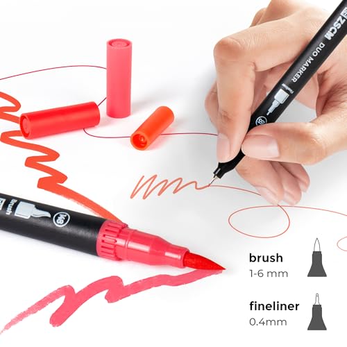 Red Duo Tip Marker Pens, 12 Fine & Brush Tip Pen For Adult Coloring Books | No Bleeding Vibrant Red Markers, Drawing Pen for Holiday Cards, Bold Lettering, Attention-Grabbing Highlights and Logos - color: 12 Red