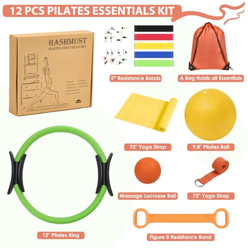 HASHMUST Pilates Ring Kit 12 PCS for Women, Home Workout Equipment with Magic Circle, Mini Exercise Ball, Resistance Bands, Massage Lacrosse, Yoga Strap, Full-Body Fitness Set for Toning & Gift - color: Orange