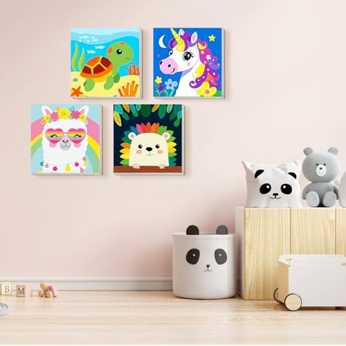 TOSTOG 4 Pack Paint by Number for Kids with Wooden Frame, DIY Animal Paint by Numbers for Kids Ages 4-8-12, Acrylic Oil Painting Kits Easy Paint by Number for Gift Home Wall Decor 8in X 8in - color: Animal