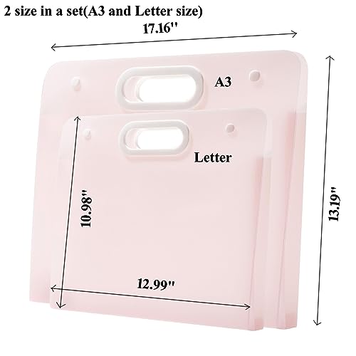 2pcs Plastic Art Portfolio Folder 17.32x13.22inch and 12.99x11inch Arts Storage Case for Diamond Painting, Student Drawing Container, Kids Artworks Keepsakes Storage Case,A3 and Letter Size (Pink) - color: Pink