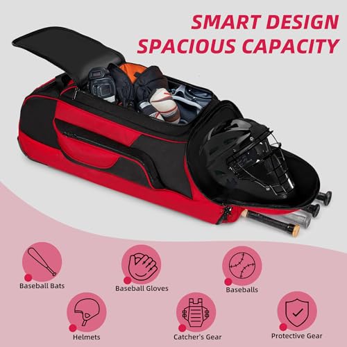 Shopsource Catchers Gear Bag with Wheels, Rolling Baseball Softball Bag with 4 Bat Sleeves, Fence-Hooks, Separate Shoe Compartments and Multi-Pockets, Sturdy Back Base Plate
