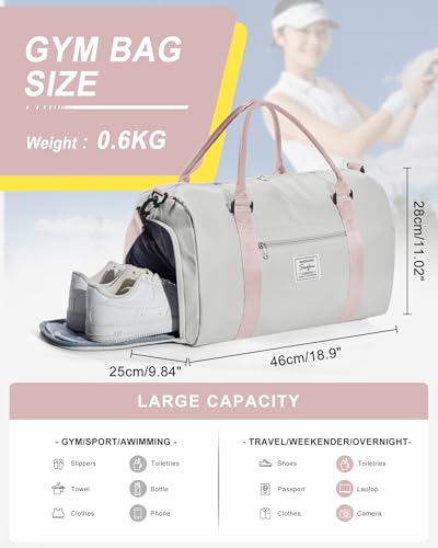Gym Bag Womens Mens with Shoes Compartment and Wet Pocket Travel Duffel Bag for Women for Plane Sport Gym Tote Bags Swimming Yoga Waterproof Weekend Overnight Carry on Bag Hospital Holdalls - color: A6-Grey Pink
