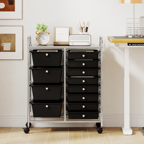 LDAILY 12 Drawer Rolling Storage Cart, Rolling Cart with Drawers for Classroom, Art Supply Craft Organizer on Wheel with Metal Frame & Handles for Home Office School (Black, 12 Drawer Left-Right) - color: Black, size: 12 Drawer Left-Right