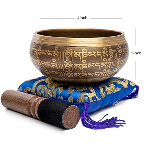 Tibetan Singing Bowl Set - Easy To Play Authentic Handcrafted For Meditation Sound Bowl Chakra Yoga Healing 4 Inches By Himalayan Bazaar (Brown & Blue) - color: Brown - Blue