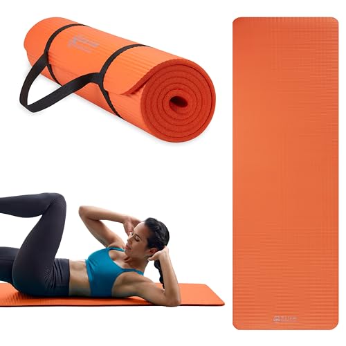 Gaiam Thick Yoga Mat, Exercise & Fitness Mat with Easy-Cinch Carrying Strap | Non-Slip NBR Foam | Joint Cushioning | Yoga, Pilates, Fitness & Floor Workouts | 72"L x 24"W - color: Orange, size: 2/5" (10MM)